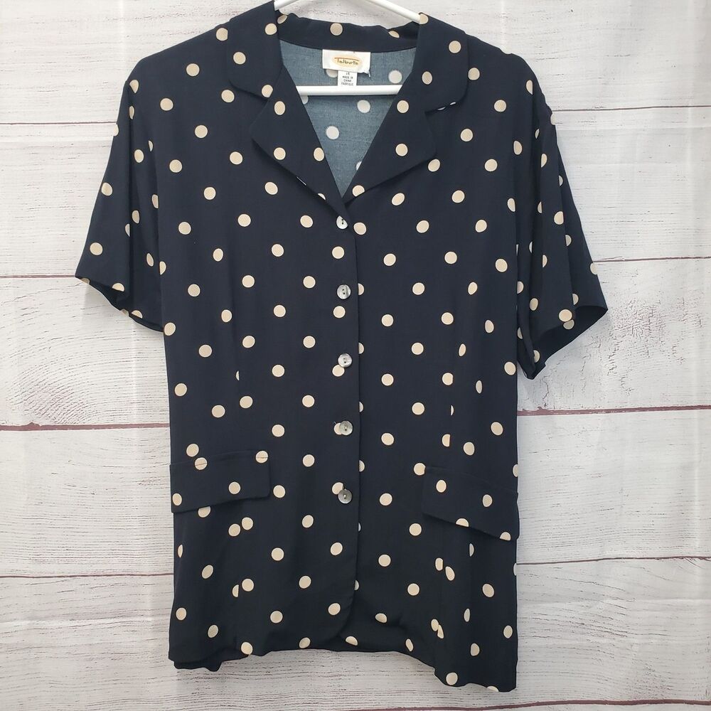 VTG TALBOTS Tie Back Black Shirt Tan Polka Dot Size 14 Rayon Womens Short Sleeve